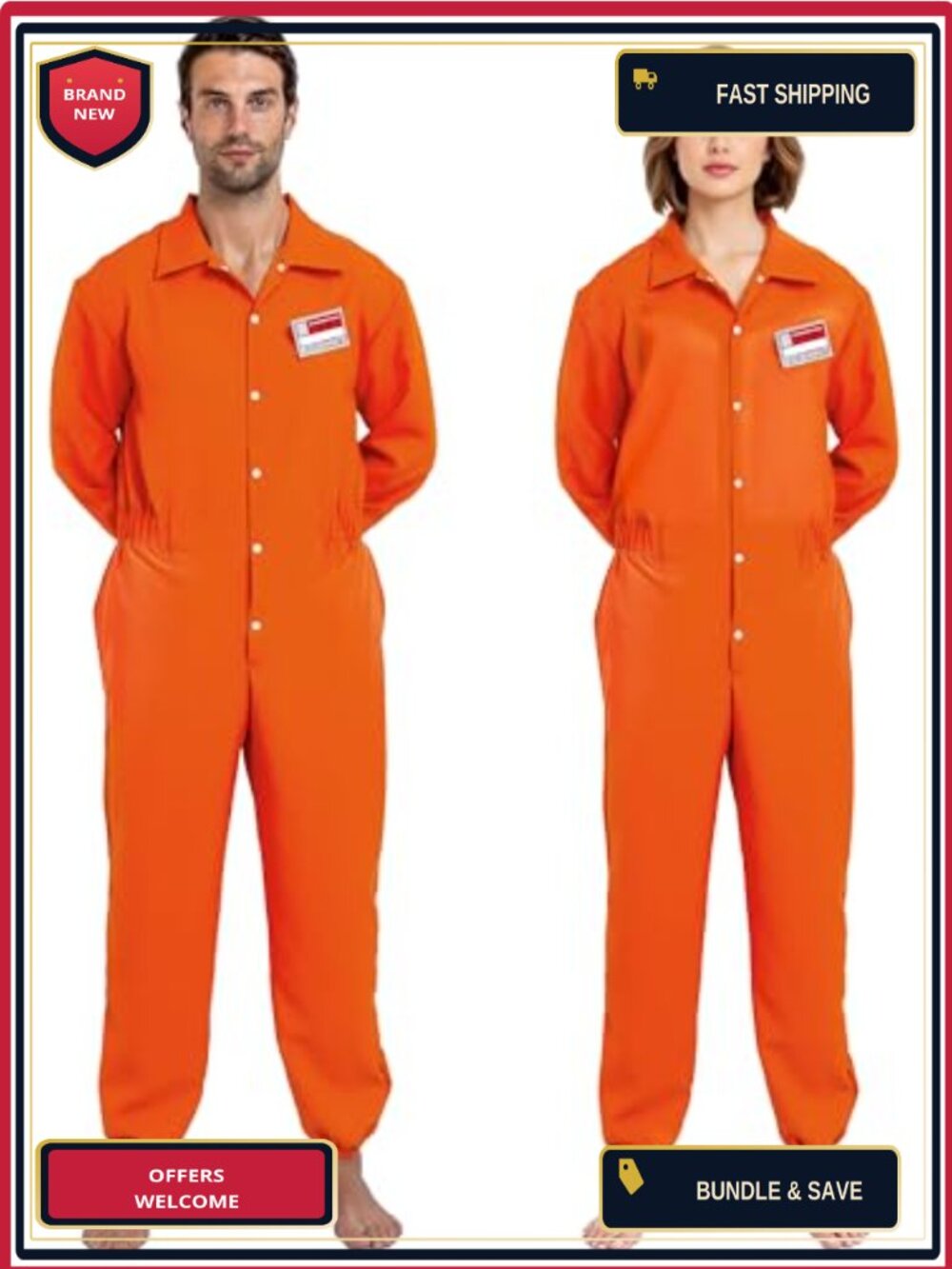 Adult Prisoner Inmate Jumpsuit Costume Long Sleeve Overalls Name Tag Halloween